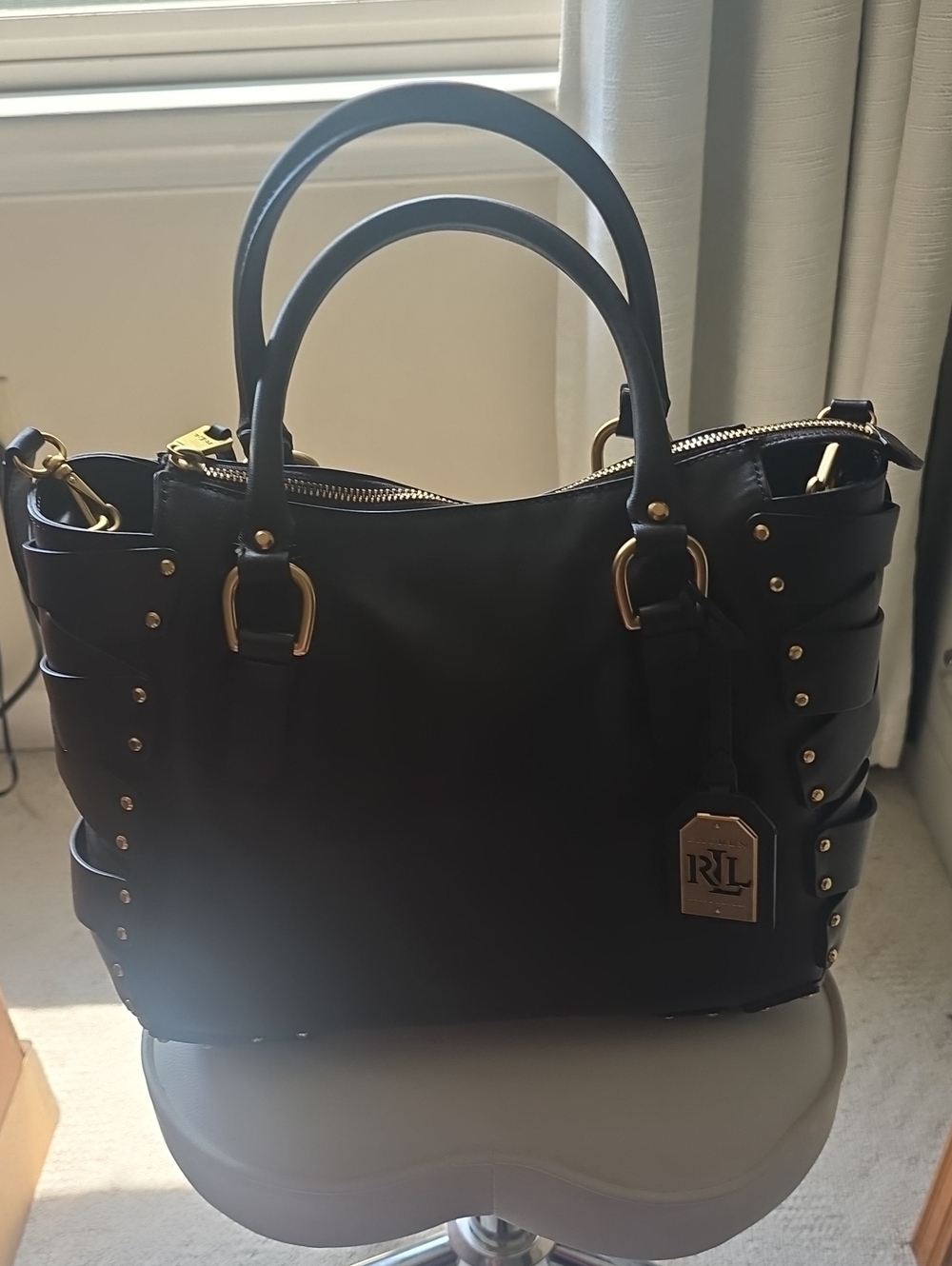 Ralph Lauren Black Leather Tote with Gold Accents